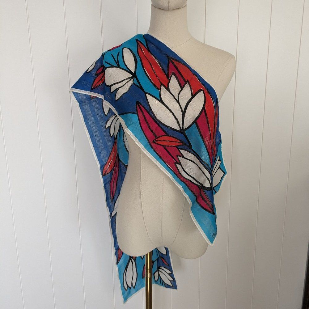 Vera Floral Design Scarf - Rectangular - 57" x 10" - Blue, Pink, Red, White